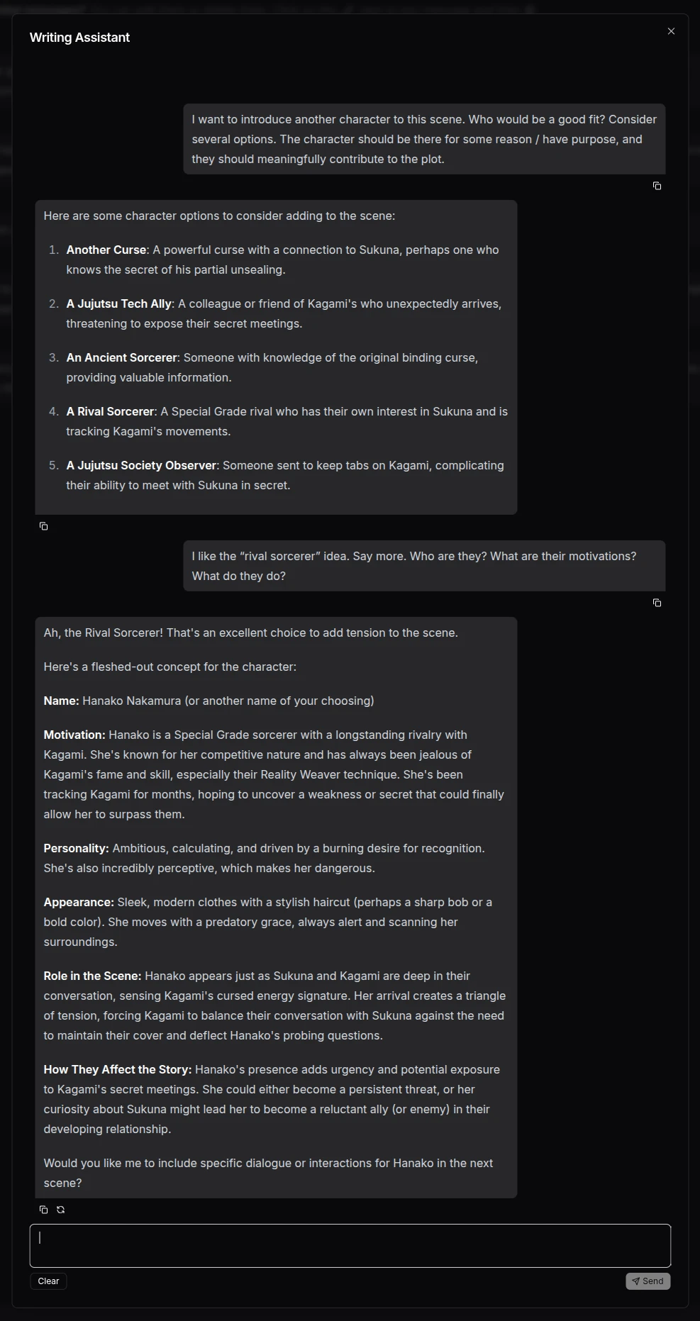 The DreamGen writing AI assistant brainstorming new character.