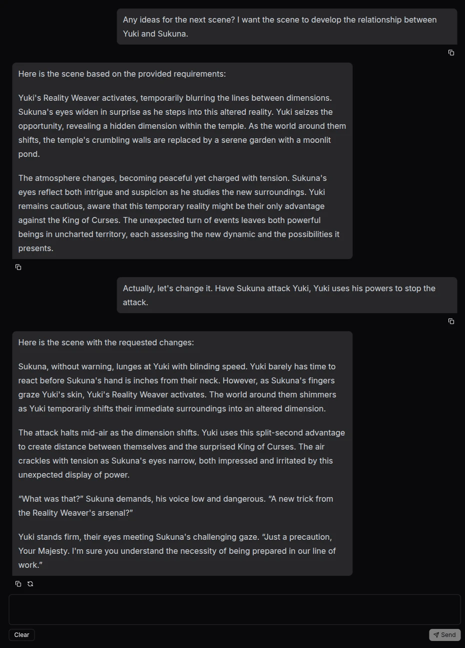 The DreamGen writing AI assistant brainstorming plot of next scene.