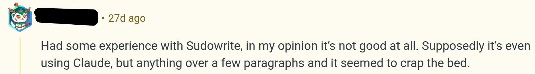 User Review: Sudowrite has subpar quality, even when using the best models.