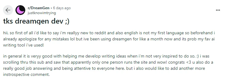 User Review: User likes DreamGen for developing their writing ideas and quick responses from developer.
