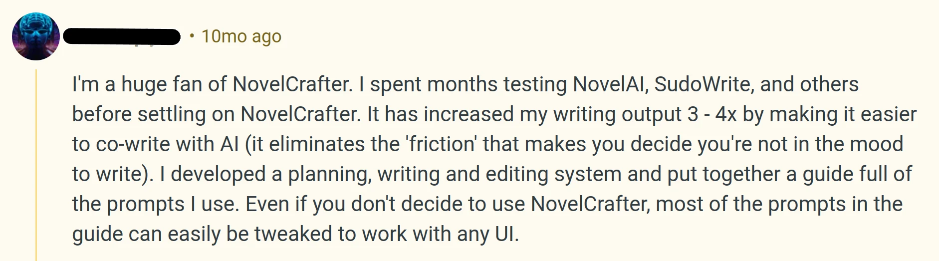 User Review: NovelCrafter made them much more productive.