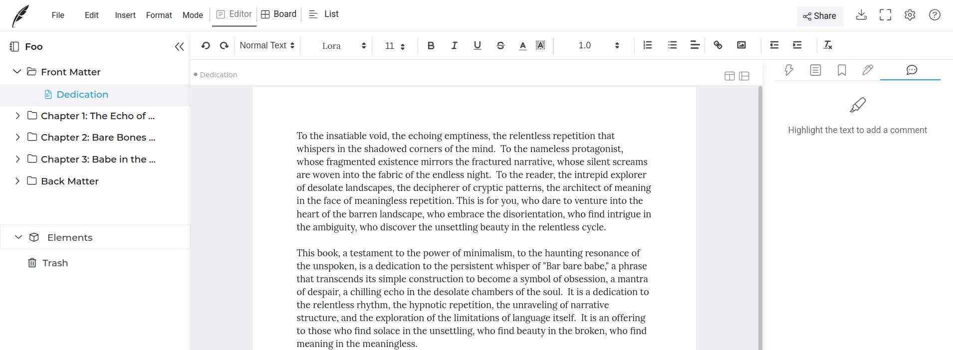 The writing user interface of Squibler
