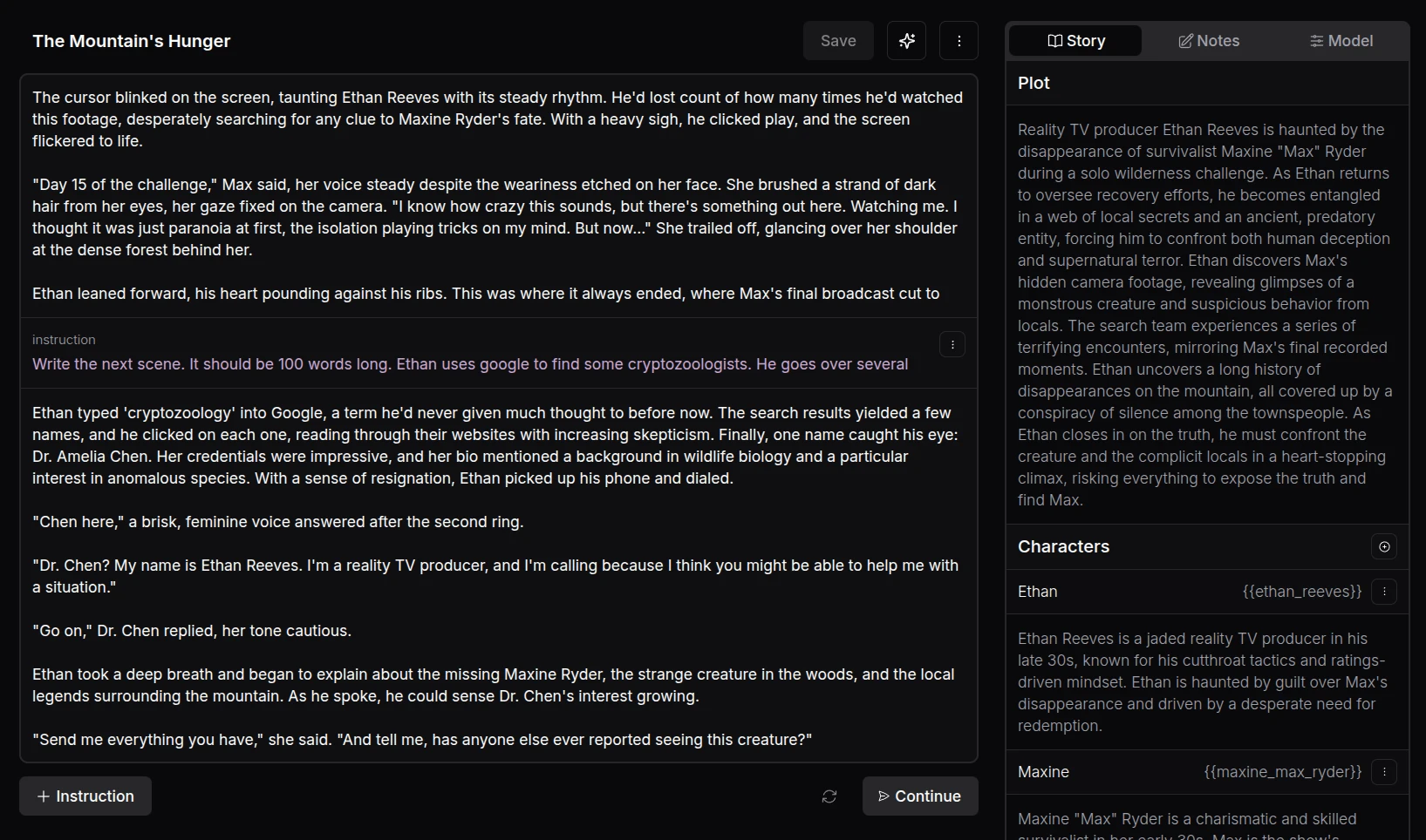 DreamGen AI story generator user interface.