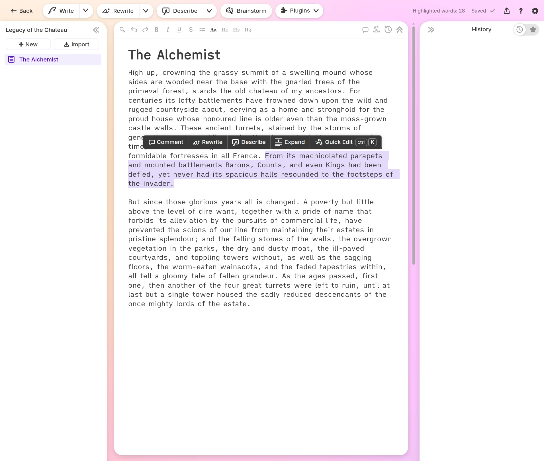 Sudowrite writing user interface.